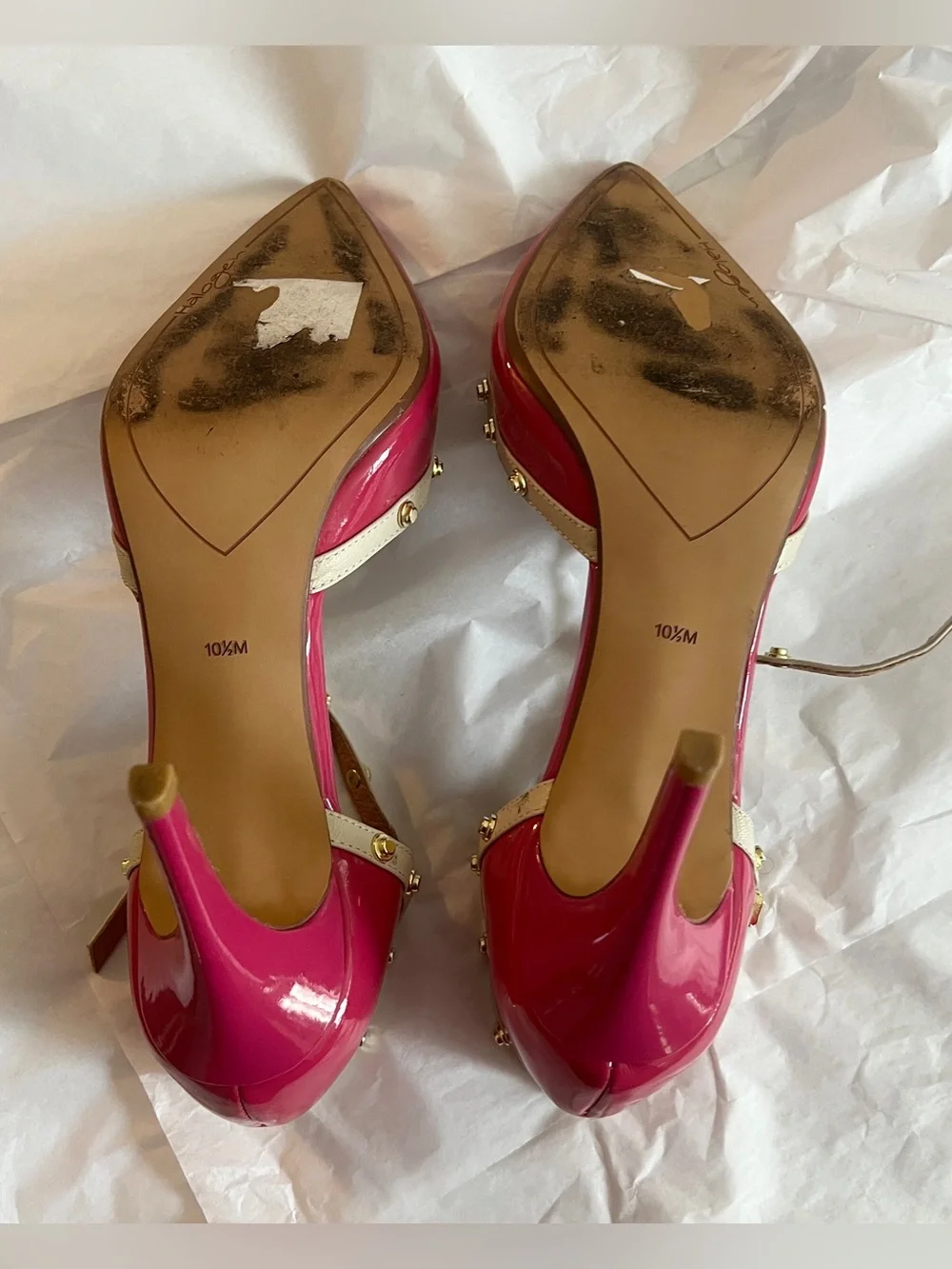 Halogen Fuchsia Pointed T-Strap Shoes with Gold Studs - Sz 10.5
